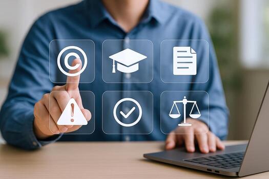 Intellectual Property Protection Concept Man Interacting with Virtual Interface Representing Copyright, Education, Agreement, Risk, Approval, and Justice photo