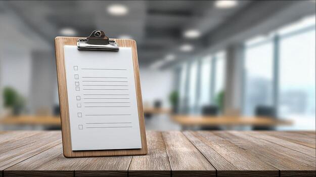 Clipboard with Checklist on Wooden Tabletop in Modern Office - Business and Planning Concept photo