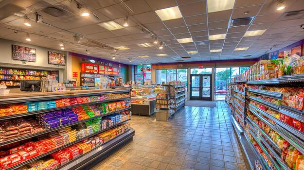 Convenience Store Interior with Aisles of Snacks and Drinks, Retail Setting for Shoppers and Quick Purchases photo