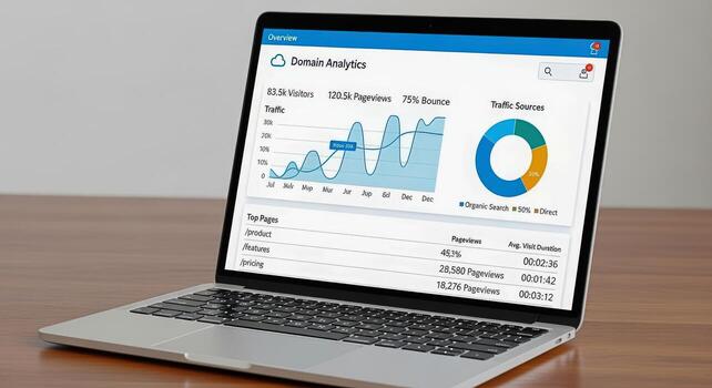 Laptop Displaying Website Analytics Dashboard with Charts and Data on a Wooden Desk for Business Insight photo