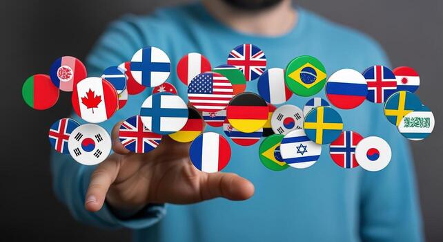Global Communication Network Hand Reaching for International Flags Representing Unity and Diverse Cultures photo