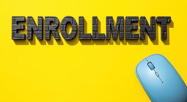 Enrollment Text with a Computer Mouse on a Yellow Background for Online Registration and Application Concepts photo
