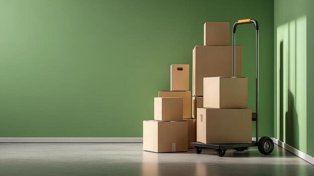Moving Boxes Stacked on Dolly in Room with Green Wall and Concrete Floor photo