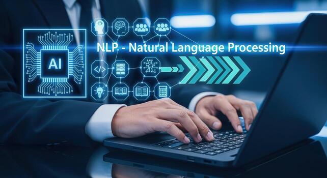 Natural Language Processing Concept Businessman Working on Laptop with AI Digital Interface Overlay for Machine Learning photo