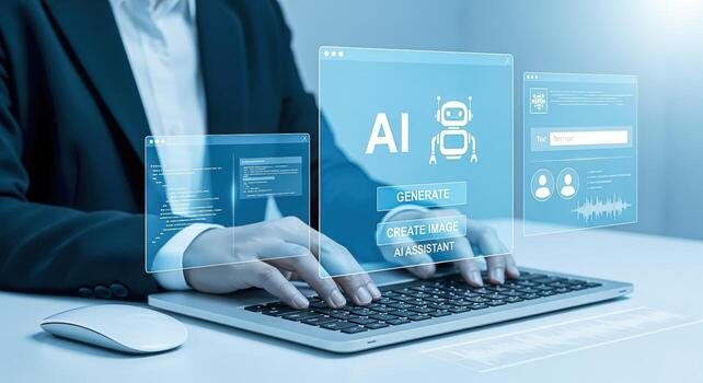 Artificial Intelligence Interface Businesswoman Using AI Assistant Application on Laptop for Enhanced Productivity photo