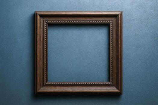 Empty Ornate Dark Wood Frame on a Dark Blue Background, Perfect for Mockups and Displays photo