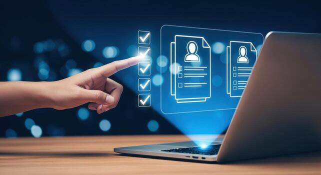 Online Recruitment Process Human Hand Selecting Candidate CVs from a Digital Interface on a Laptop photo
