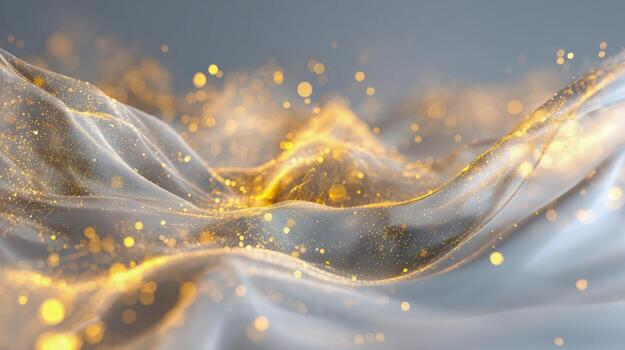 Abstract Background with Golden Light Particles on Flowing Fabric, Elegant Luxury Texture Design photo