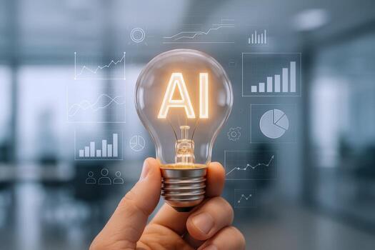Artificial Intelligence Concept Hand Holding Glowing Lightbulb with AI Text and Business Analytics Background photo