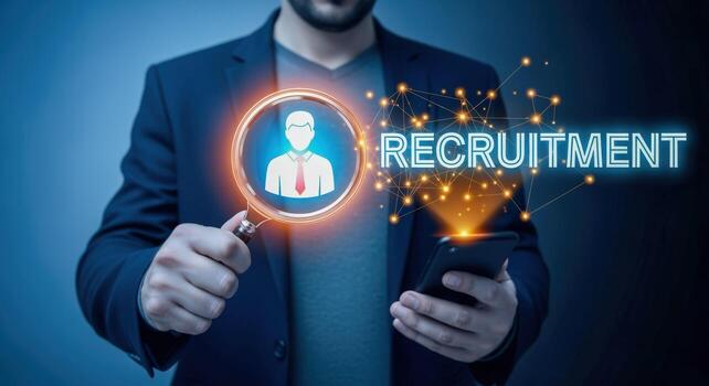 Recruitment concept featuring a businessman using a holographic display to find a potential candidate for a job photo