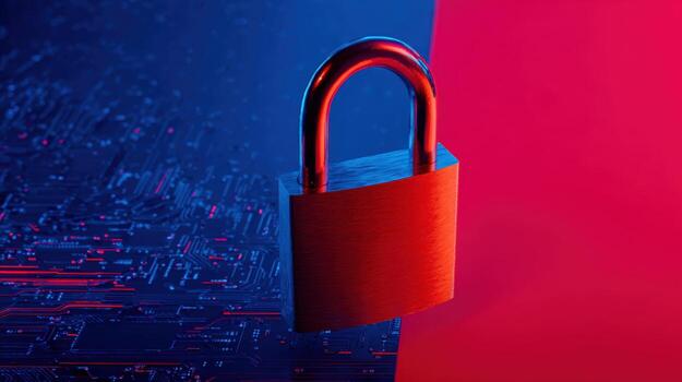 Padlock Protecting Circuit Board Cybersecurity Concept with Abstract Blue Technology and Red Background photo