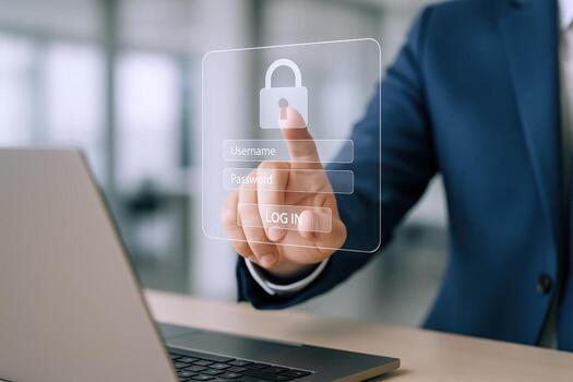 Secure Digital Access Man Interacting with Transparent Login Interface on Laptop for Data Protection photo