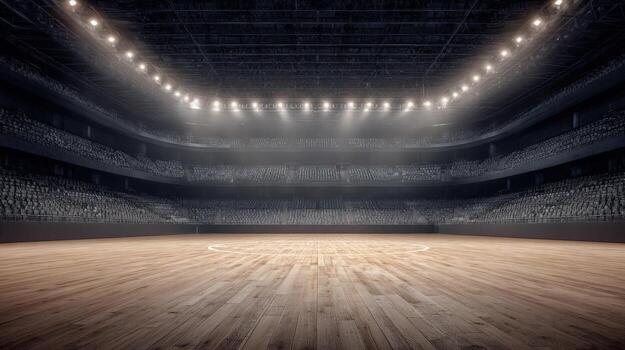 Empty Arena with Wooden Floor and Bright Lights, Ready for Sporting Event or Concert photo