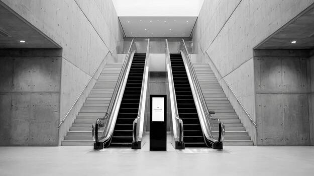 Modern Escalator and Staircase in Black and White, Featuring Clean Lines and Architectural Symmetry photo