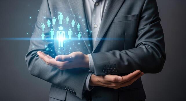 Businessman Presenting Digital Human Resources Concept with Glowing Figures in Hands, Representing Teamwork and Leadership photo