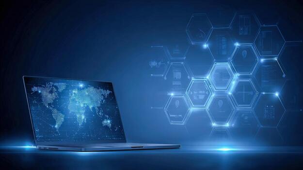 digital red conexión ordenador portátil mostrando global datos fluir con resumen hexagonal patrones en azul foto
