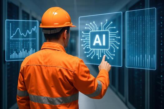 Engineer in Orange Uniform Analyzing AI Data Interface, Server Room Environment, Technology and Innovation photo