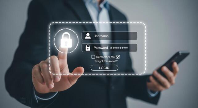 Man accessing secure online account on smartphone with digital login interface for verification photo