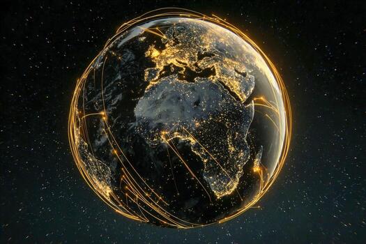 Global Communication Network Earth with Glowing Connections Representing International Connectivity and Modern Technology photo