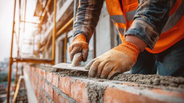 Bricklayer meticulously applying mortar to construct a brick wall in a new building project at construction site photo