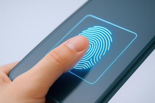 huella dactilar escanear en móvil teléfono pantalla para seguridad y acceso autenticación, biométrico identificación foto