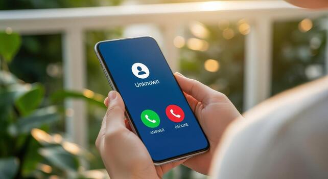 Receiving an Unknown Call on Mobile Device Displaying Incoming Call Interface with Green and Red Buttons photo