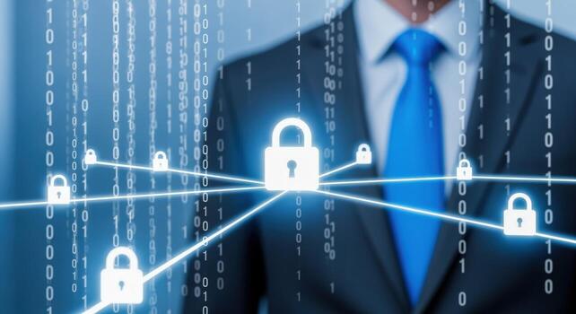 Cybersecurity Professional with Digital Padlocks Representing Data Protection and Network Security Solutions photo