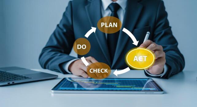 Business professional using digital tablet for PDCA cycle, illustrating continuous improvement and project management concepts photo