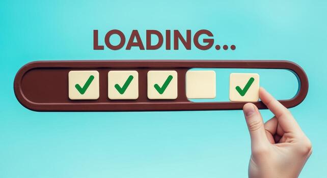 Loading Bar Completion Concept with Check Marks Progress Indicator, Download Symbol, and Hand Interaction photo