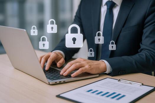 Businessman Securing Data with Laptop, Featuring Padlocks Symbolizing Online Safety and Data Protection photo