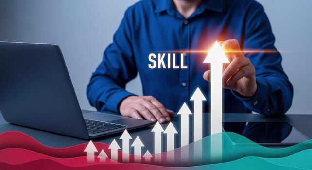 Skill Development Concept Business Professional Pointing to Arrow Graphic Displaying Growth Using Laptop photo