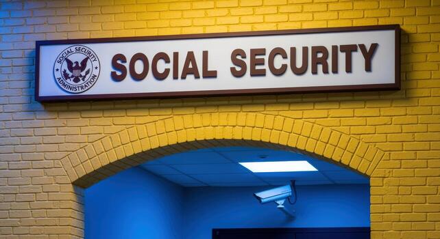 Governmental Benefits Signage with Surveillance Camera Over a Brick Archway, Offering a Glimpse into a Secured Office photo