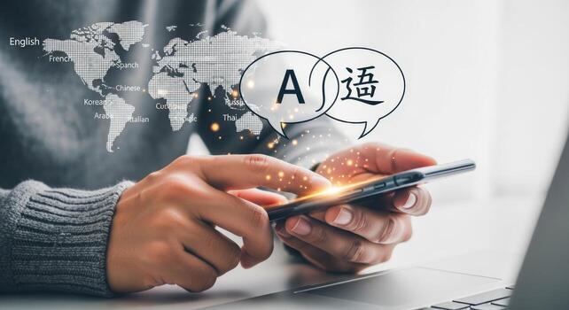 Mobile Translation App Person Using Smartphone with World Map Background for Language Learning and Global Communication photo