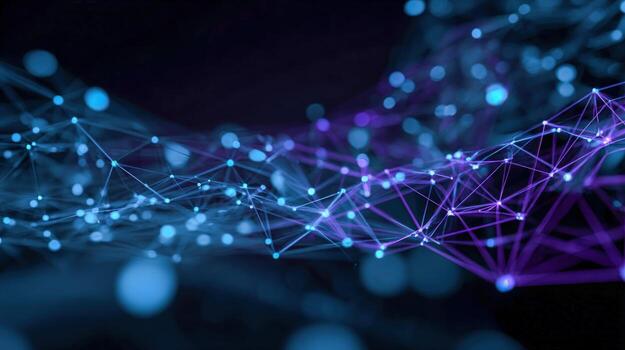 Abstract Network Connection Visual Modern Data Communication with Blue and Purple Light, Future Technology photo