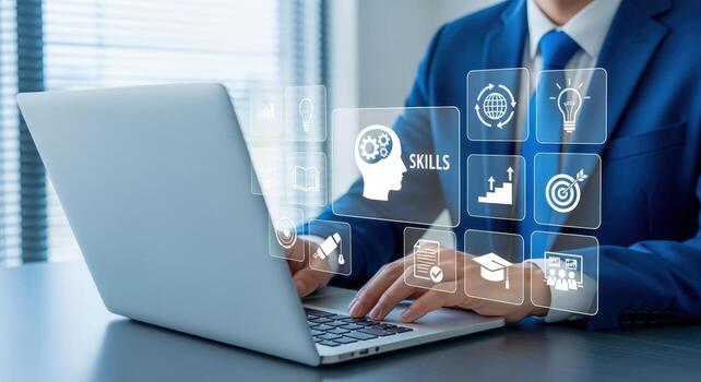 Professional Enhancement Businessman Navigating Skills Development Interface on Laptop for Career Growth and Future Success photo