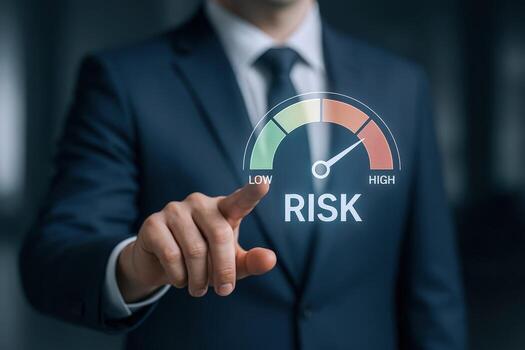 Risk Assessment and Management Businessman Assessing Risk Level with Gauge, Representing Investment and Financial Risk photo
