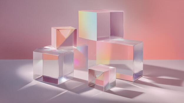Abstract Geometric Glass Blocks with Gradient Film and Soft Lighting for Product Display and Advertisement photo