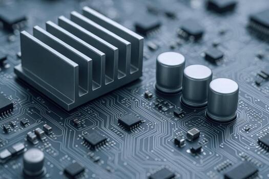 Close-up of a Motherboard Featuring a Heat Sink, Capacitors, and Various Electronic Components, Showcasing Modern Technology photo