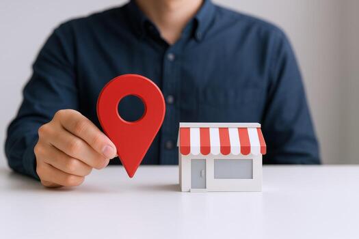 Man Holds Location Pin Next to Miniature Shop Local Business and Navigation Concept photo
