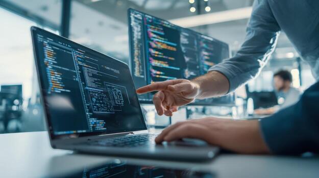 Software Developer Working with Code on Laptop and Desktop Monitors in Modern Office Environment photo