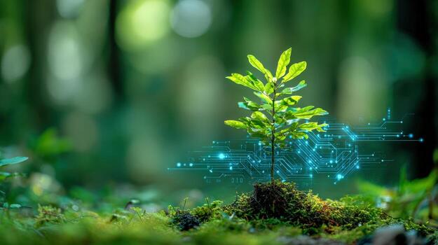 Emerging Technology and Nature A Sapling Blends Digital Innovation with Organic Growth in a Lush Forest photo