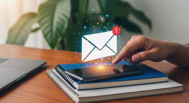 Digital Communication Concept Man Taps Phone for New Email Notification on Desk with Laptop and Plant photo