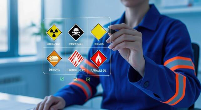 Worker Interacting with Hazard Symbols on Futuristic Display for Safety and Risk Management in Industry photo