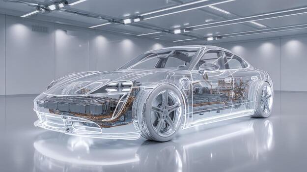 Modern Electric Car Transparent Design Rendering in a White Showroom, Automotive Engineering and Technology photo