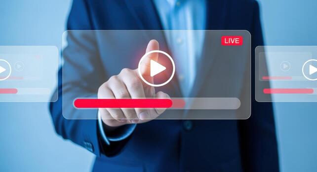 Businessman Taps Play Button on Virtual Interface Live Stream, Webinar, and Online Content Concept photo