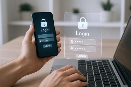 Secure Online Access Man Logging into Account on Laptop and Mobile Device photo