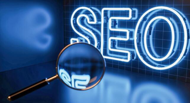 SEO Concept with Magnifying Glass and Neon Letters, Emphasizing Search Engine Optimization Techniques photo