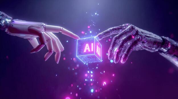 Artificial Intelligence Interaction Humanoid and Robotic Hands Touching an AI Cube in a Futuristic Environment photo