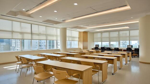 Bright Modern Classroom with Desks, Chairs, Computers, and Natural Light for Education photo