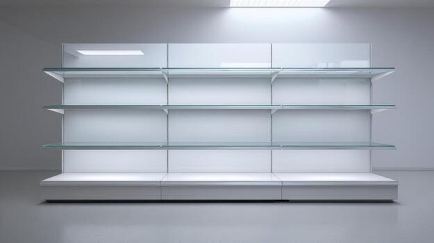 Empty Retail Display Shelves with Glass, Illuminated, Mockup, Product Placement, Promotion, Commercial Space, Showcase photo